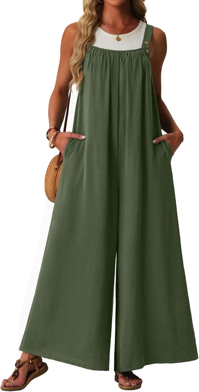 Womens Casual Jumpsuits Summer Boho Wide Leg Rompers Sleeveless Overalls Pleated Jumpers with Poc... | Amazon (US)