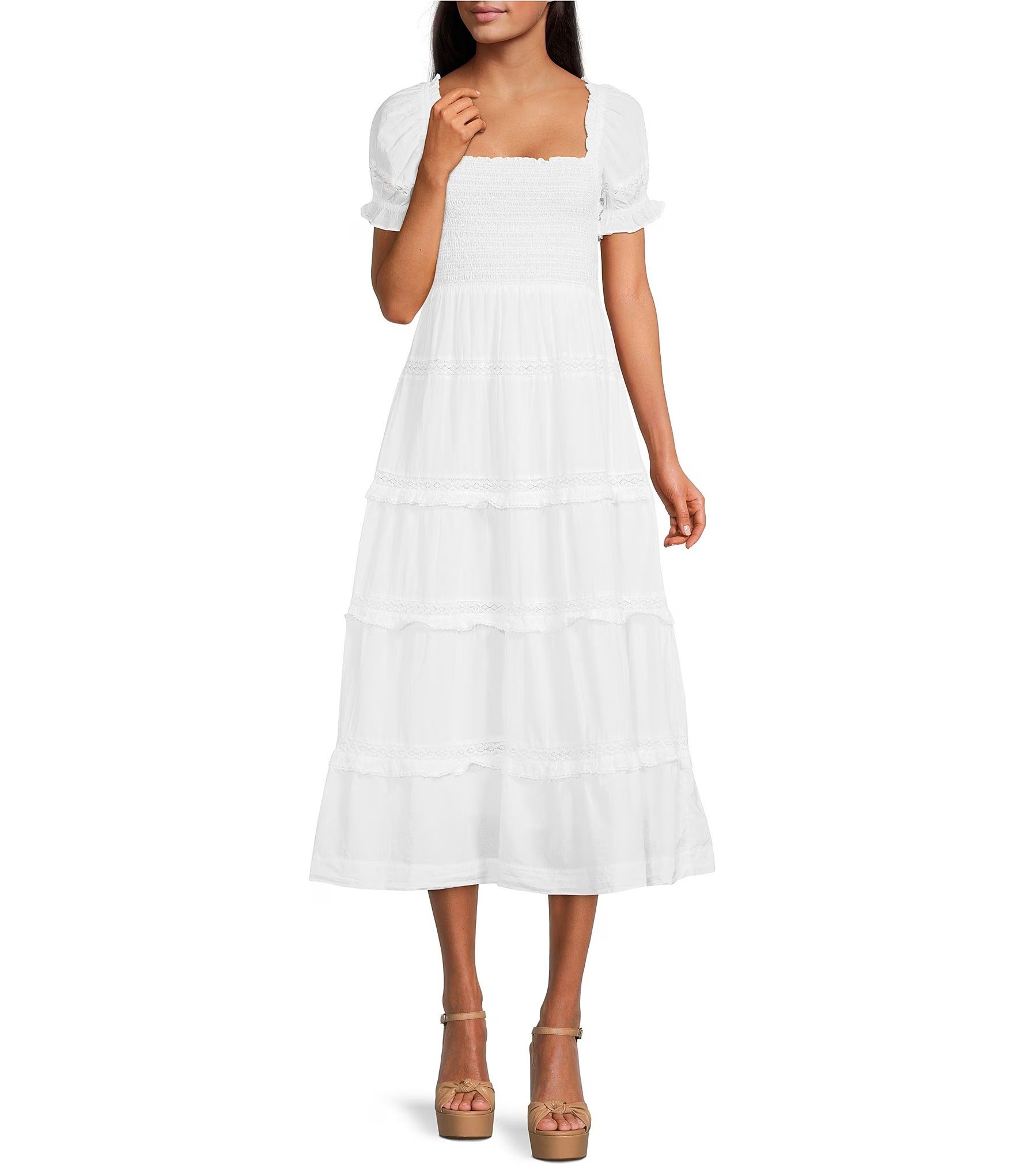 Orla Cotton Woven Smocked Square Neck Short Puff Sleeve Tiered Midi Dress | Dillard's