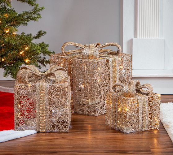 Lighted Gold Gift Boxes - Set Of 3 | Pottery Barn (US)