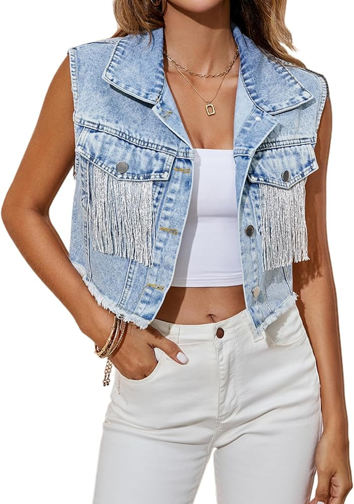 Kissonic Women's Fringe Distressed Denim Vest Y2k Crop Frayed Hem Sleeveless Jean Jacket | Amazon (US)
