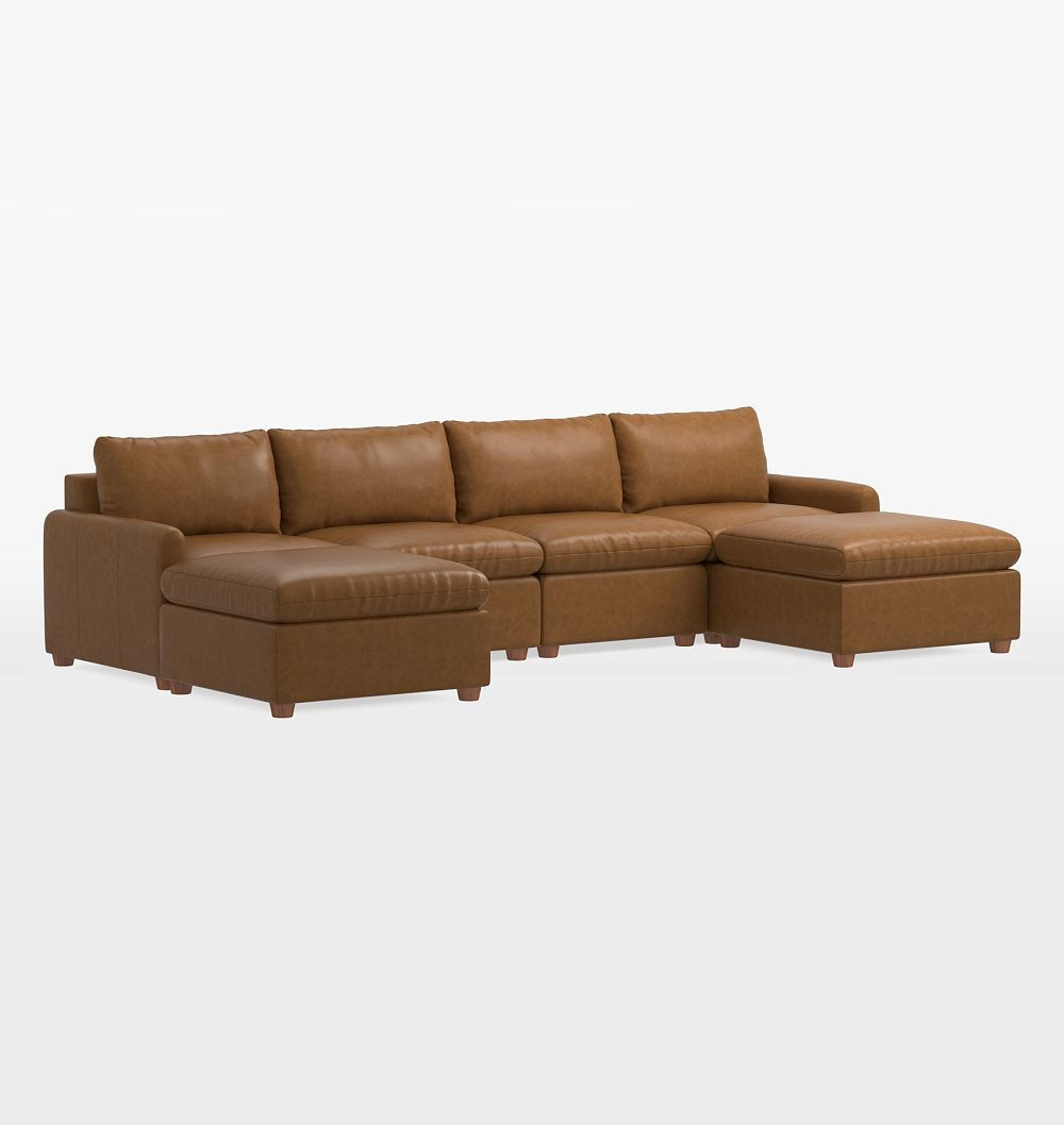 Roswell Leather 6-Piece Double Ottoman Sectional Sofa, Classic - Vintage Tawny | Rejuvenation