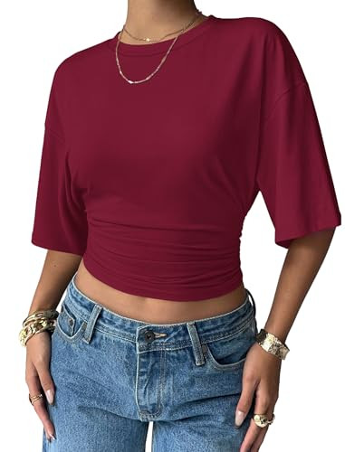Sampeel Shirts for Women Trendy Loose Fit Business Casual Summer Tops Elegant Ladies Blouses Work Office Tshirts Shirts Soft Lightweight Slim Fit Crop Top Burgundy L | Amazon (US)