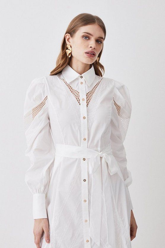 Cotton Cutwork Midi Shirt Dress | Karen Millen UK + IE + DE + NL