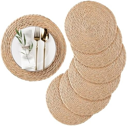 Round Woven Placemats Set of 6, Natural Water Hyacinth Place mats, 12 inch Rattan Placemats Wicke... | Amazon (US)