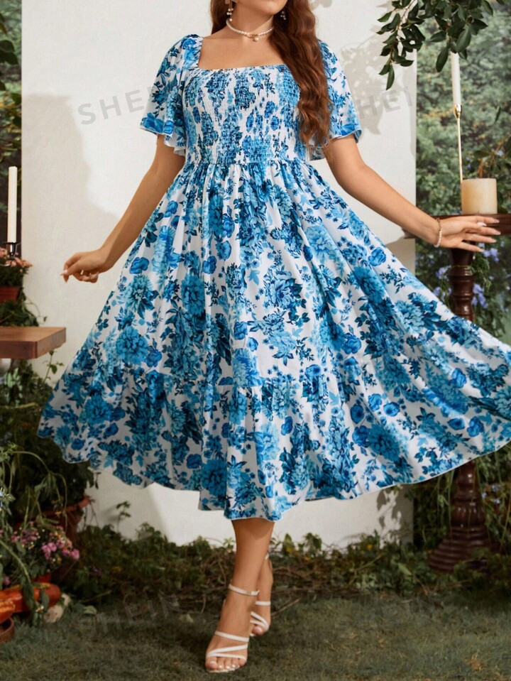 SHEIN MOD Plus Floral Print Square Neck Puff Sleeve Ruffle Hem Dress | SHEIN