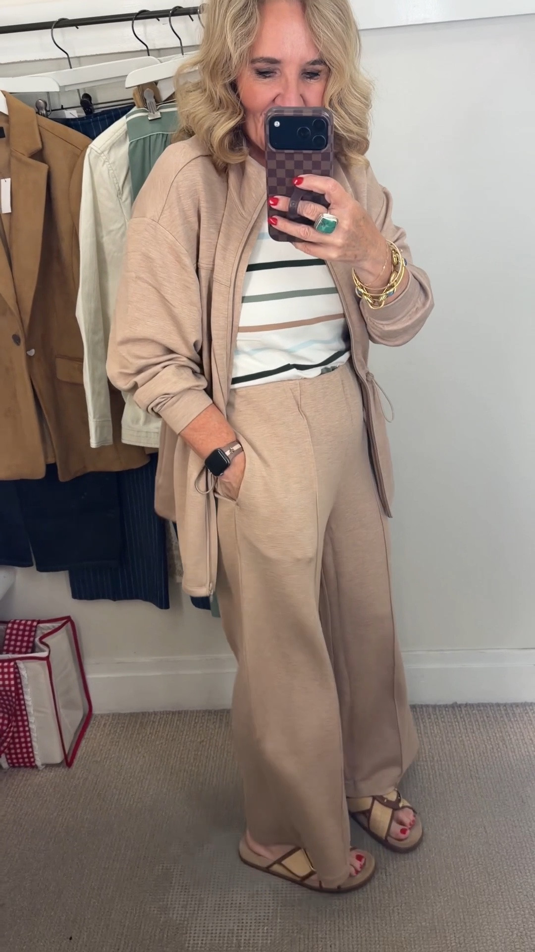 Love this airy knit set. 

This is a medium petite. 
Tee is a medium

Travel outfit loungewear