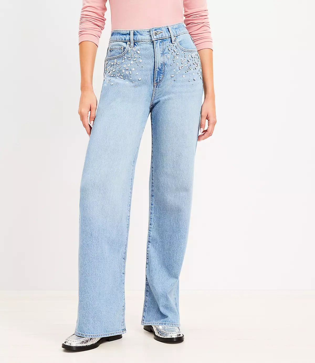 Sparkle High Rise Wide Leg Jeans in Light Wash Indigo | LOFT