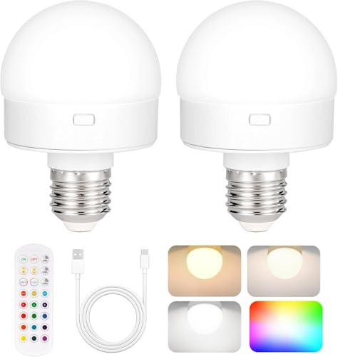 Rechargeable Battery Operated Light Bulb with Remote Control 2 Packs, 350LM Dimmable Detachable LED Bulb with 15 Colors Selectable & 3 Timer, Wireless Puck Light Bulb for Wall Sconce, Non-Hardwired | Amazon (US)