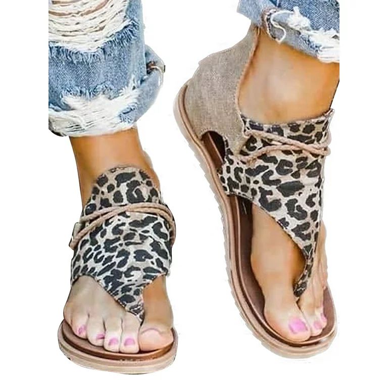 Womens Gladiator Clip Toe Flat Sandals Summer Beach Casual Leopard Non Slip Shoe | Walmart (US)
