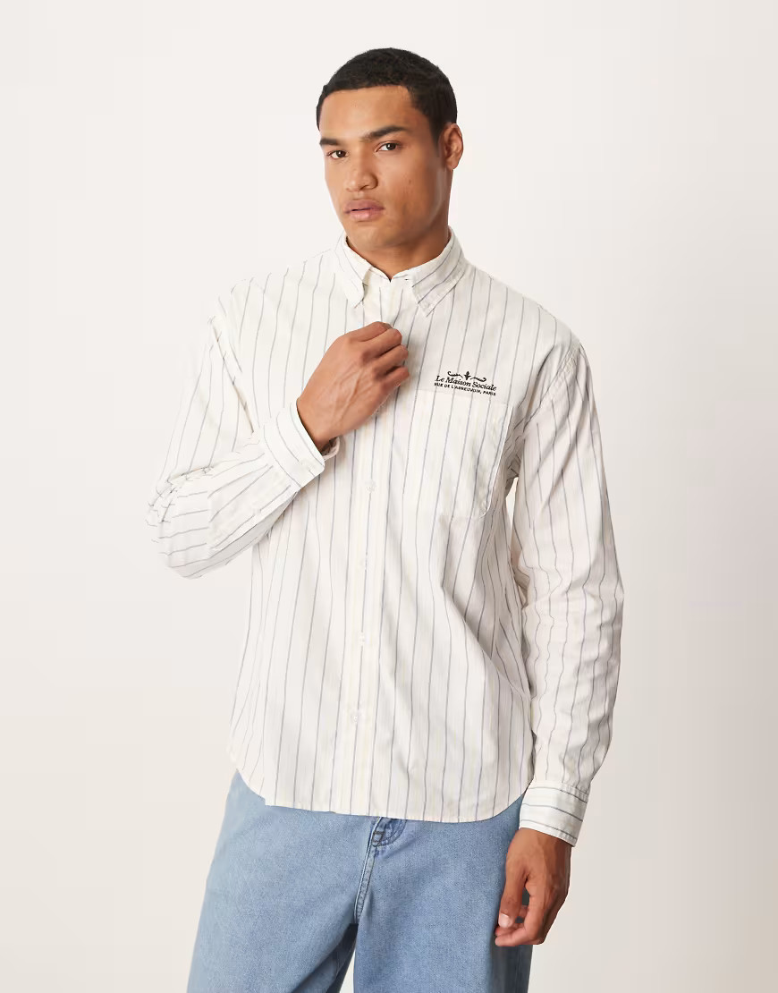 Abercrombie & Fitch long sleeve preppy chest graphic shirt in blue stripe | ASOS (Global)