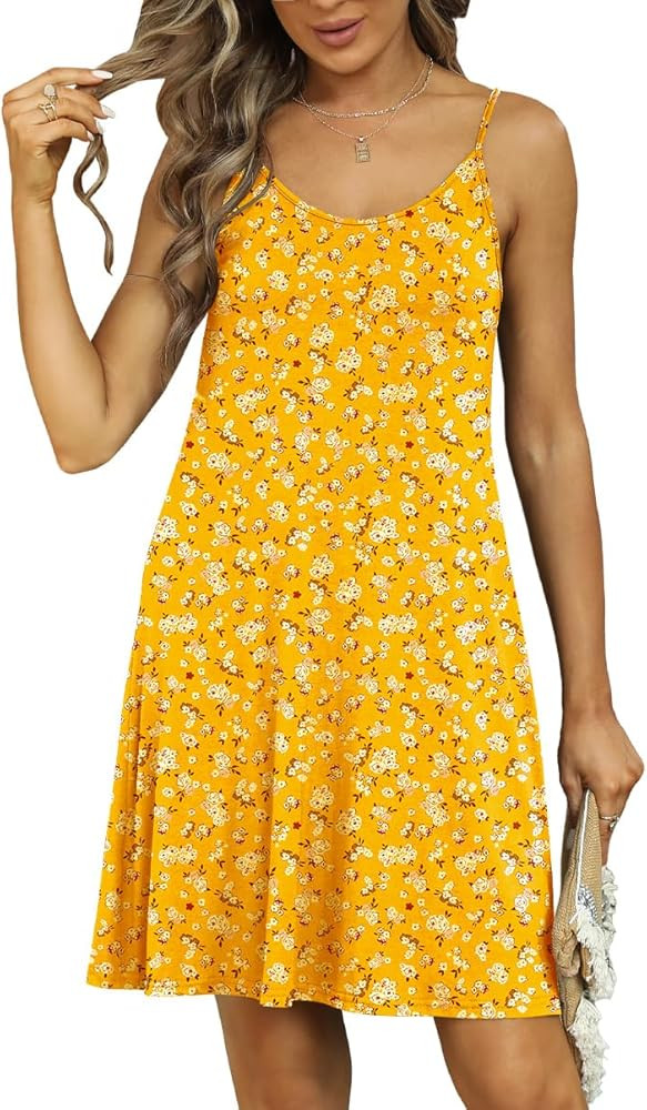 Ladmous Women Spaghetti Strap Summer Dress Floral Sundresses Beach Cover Up Dresses with Pockets | Amazon (US)