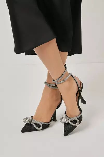 Glorious Glitter Diamante Bow Stiletto Pointed Court Shoes | Debenhams UK