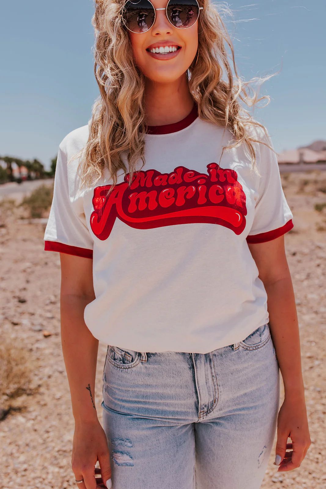 THE MADE IN AMERICA RED RINGER TEE IN WHITE BY PINK DESERT | Pink Desert