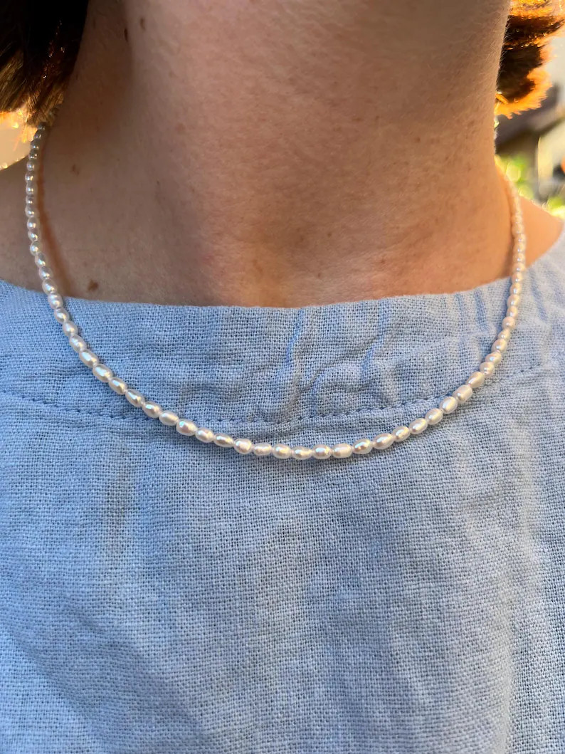 Tiny 2mm Dainty Baroque Style Thin Rice Shaped Natural A Quality Freshwater Pearl Beaded Layering... | Etsy (US)