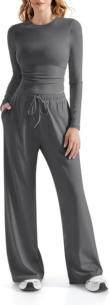 RXRXCOCO Womens Lounge Sets 2 Piece Ruched Long Sleeve Crop Tops Wide Leg Pants Casual Outfits Ma... | Amazon (US)