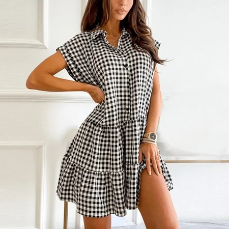 Outfmvch Women Sexy Plaid Printing Ruffle Turndown Collar Camisole Mini Plus Size Dress Black XL | Walmart (US)