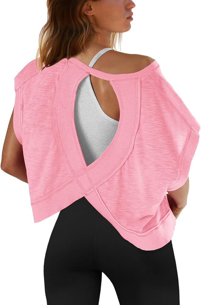SENSERISE Womens Open Back Workout Tops Backless Short Sleeve Athletic Shirt Running Crop Top Gym... | Amazon (US)