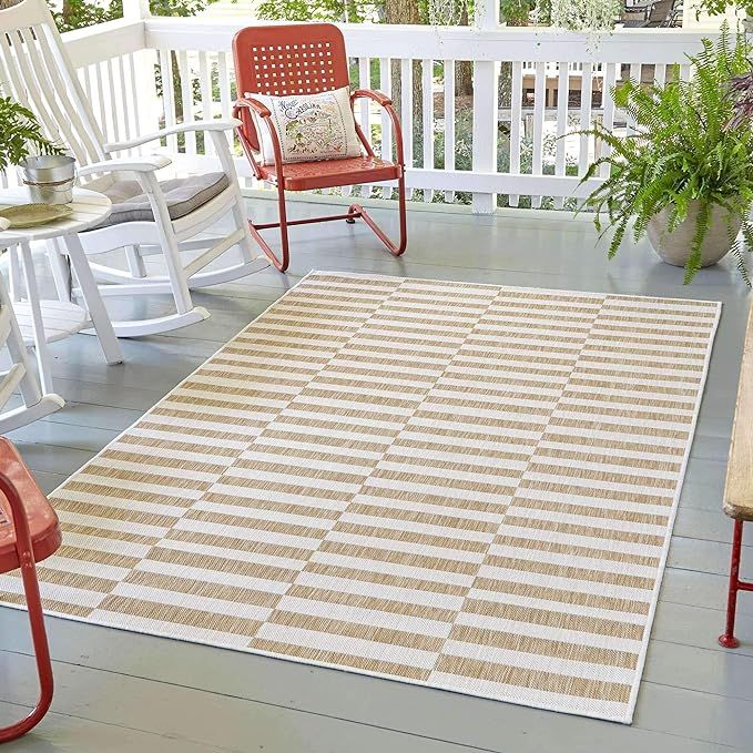 Unique Loom Outdoor Collection Area Rug-Striped, 9' x 12' 2" Rectangle, Taupe/Ivory | Amazon (US)