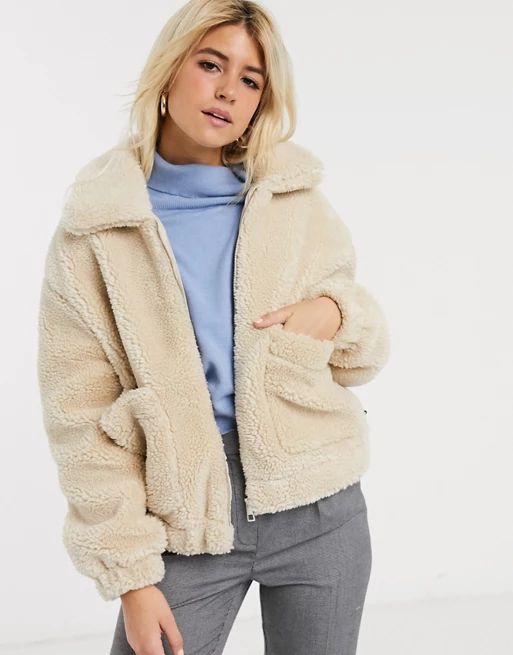 Pull&Bear zip front fleece jacket in off white | ASOS US