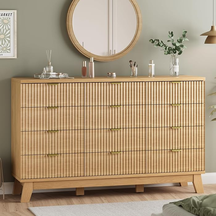 Fluted Dresser for Bedroom with 12 Drawers, 57" Wide Modern Chest of Drawers with Metal Handle, W... | Amazon (US)