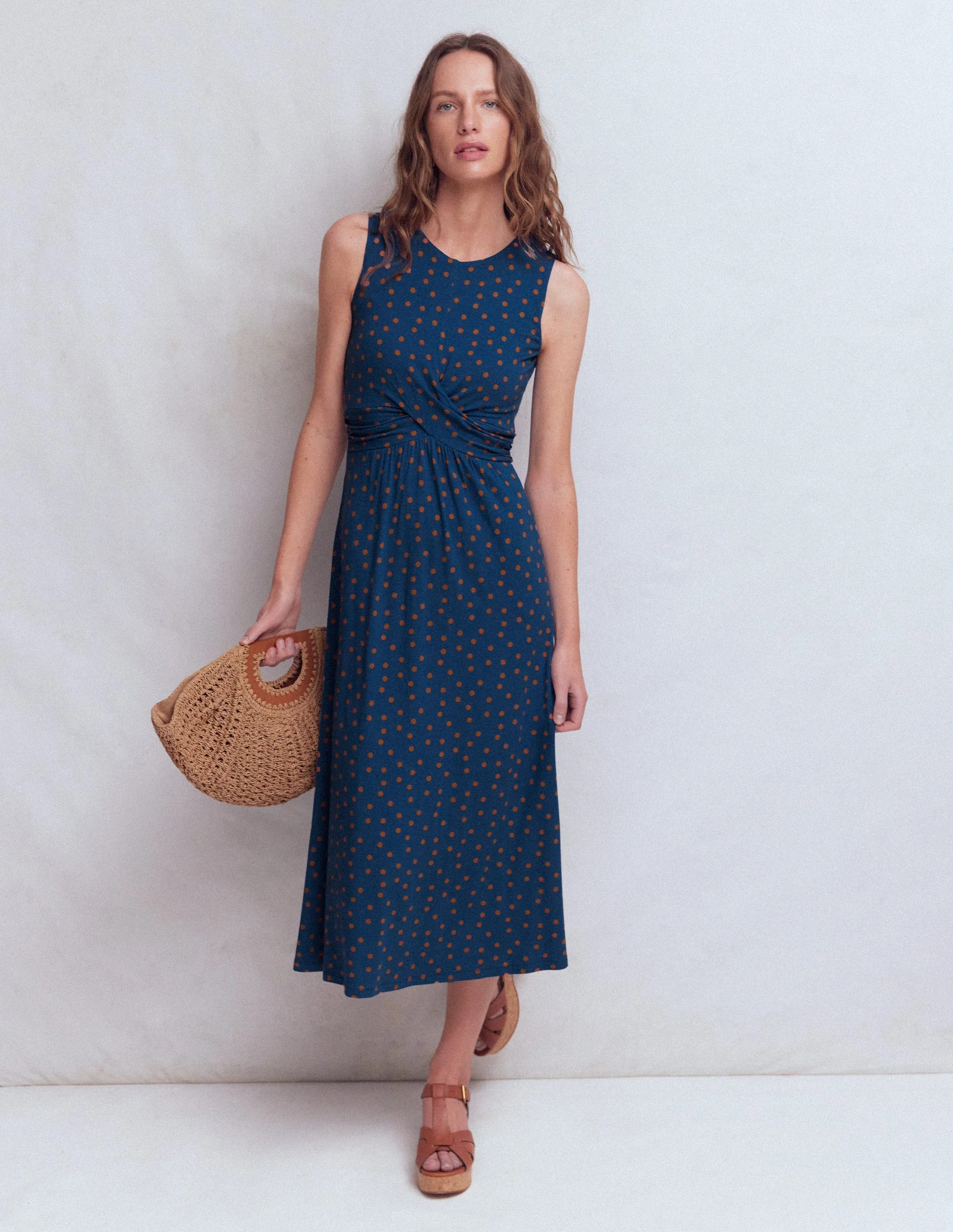 Zara Cross Waist Jersey Dress-Tourmaline Blue, Painted Dot | Boden (US)