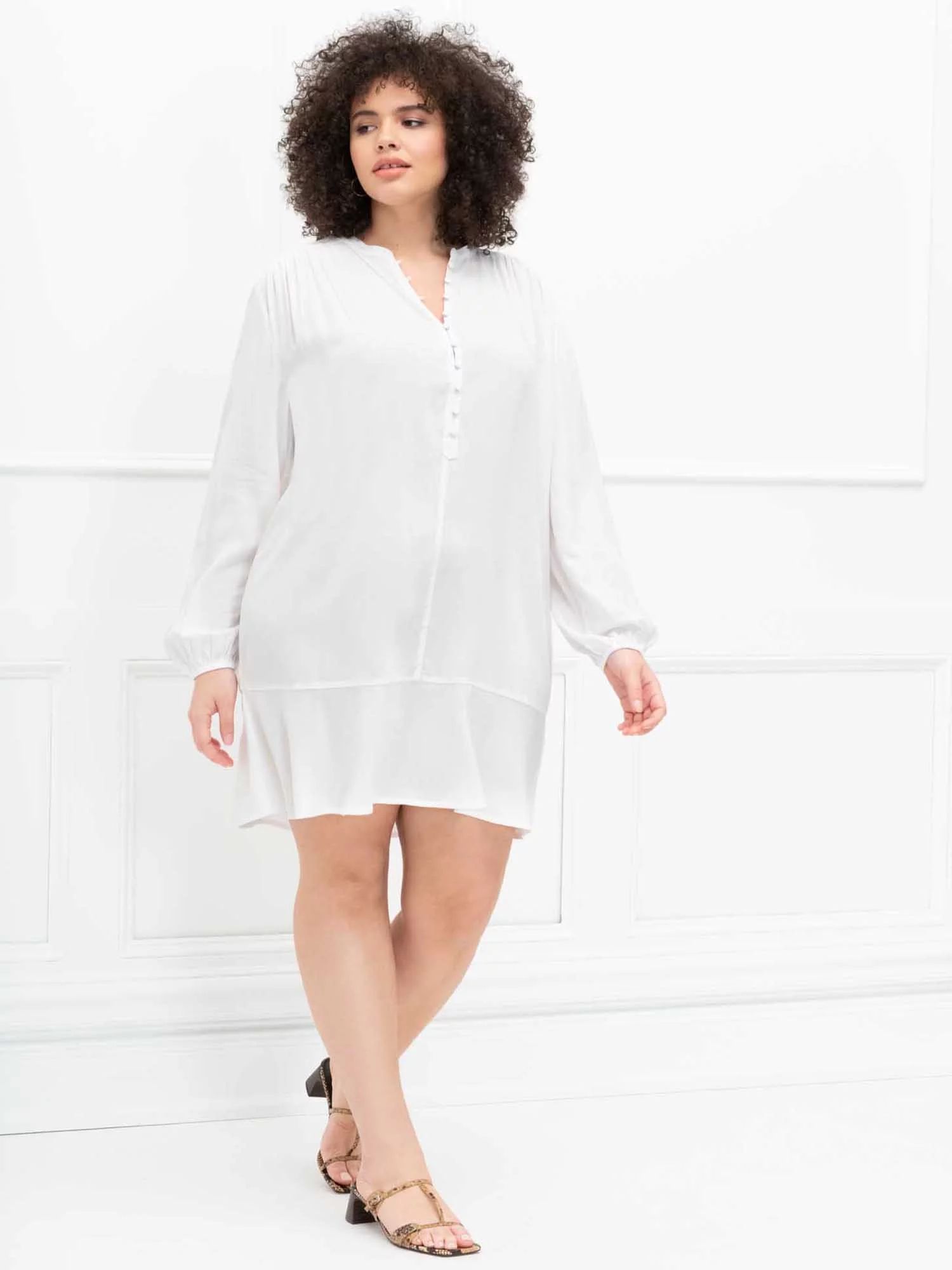 ELOQUII Elements Women's Plus Size Long Sleeve Placket Front Shift Dress | Walmart (US)