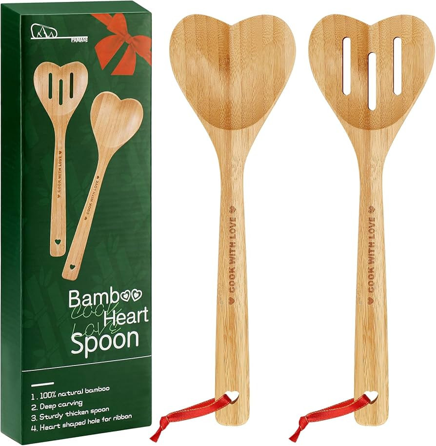 Bamboo Heart Shaped Spoon for Cooking - Wooden Cook with Love Spoon Kitchen Utensils, Valentines ... | Amazon (US)
