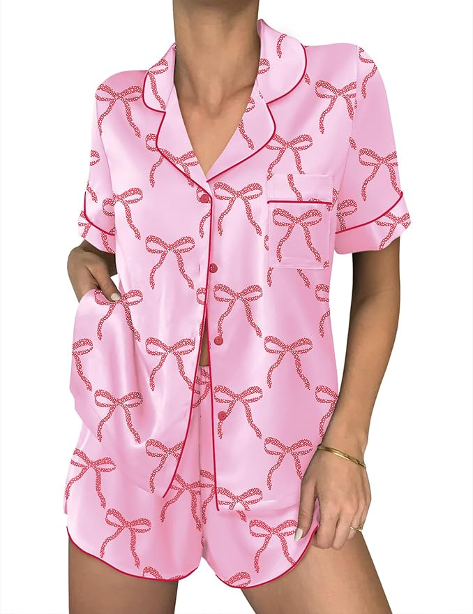 Ekouaer Womens Silk Satin Pajama Sets 2 Piece Button Down Silk Pjs Shorts Sets Cute Print Short S... | Amazon (US)
