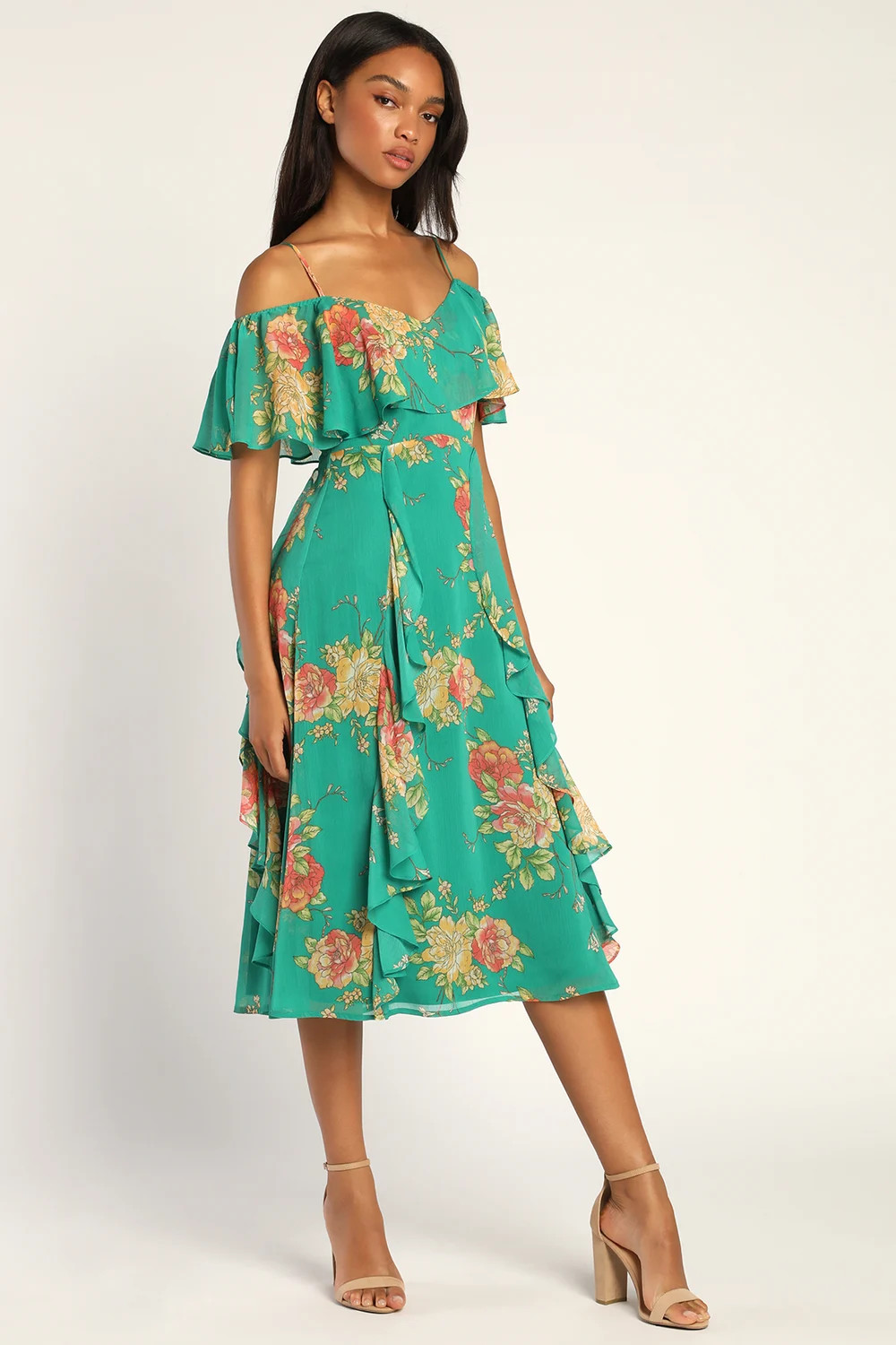 Romantic Love Green Floral Print Cold-Shoulder Midi Dress | Lulus (US)
