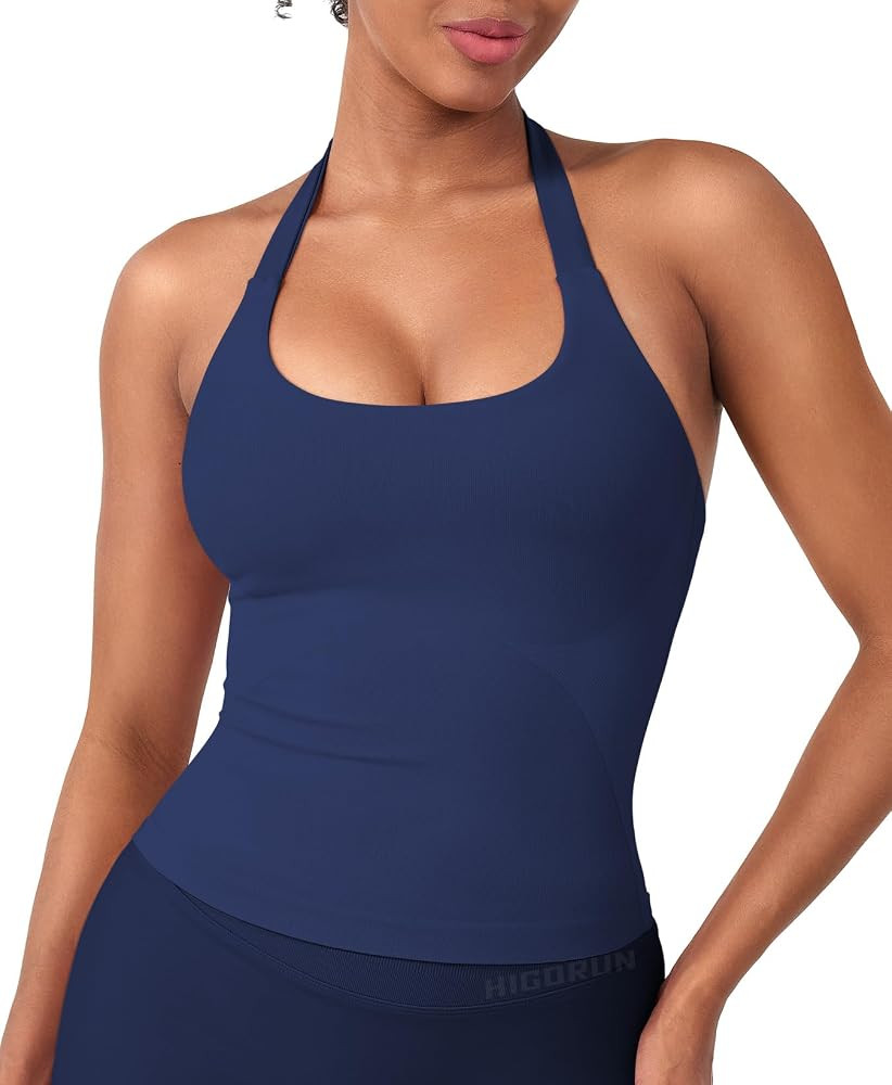 HIGORUN Women Halter Impact Tank Tops with Built in Bras Longline Crop Top | Amazon (US)