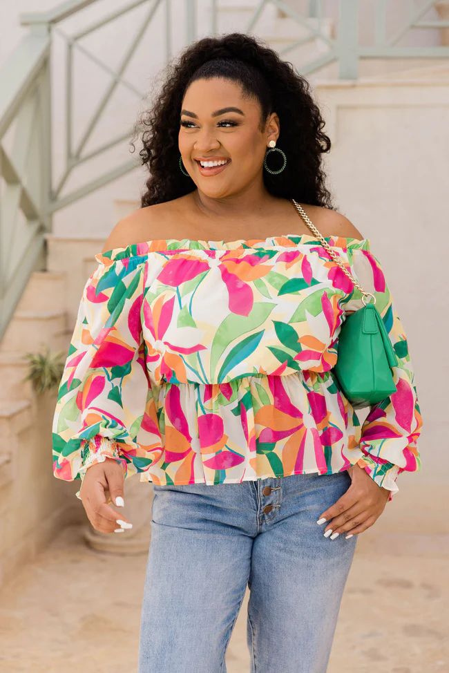 I Found Paradise Multi Off The Shoulder Printed Blouse | Pink Lily