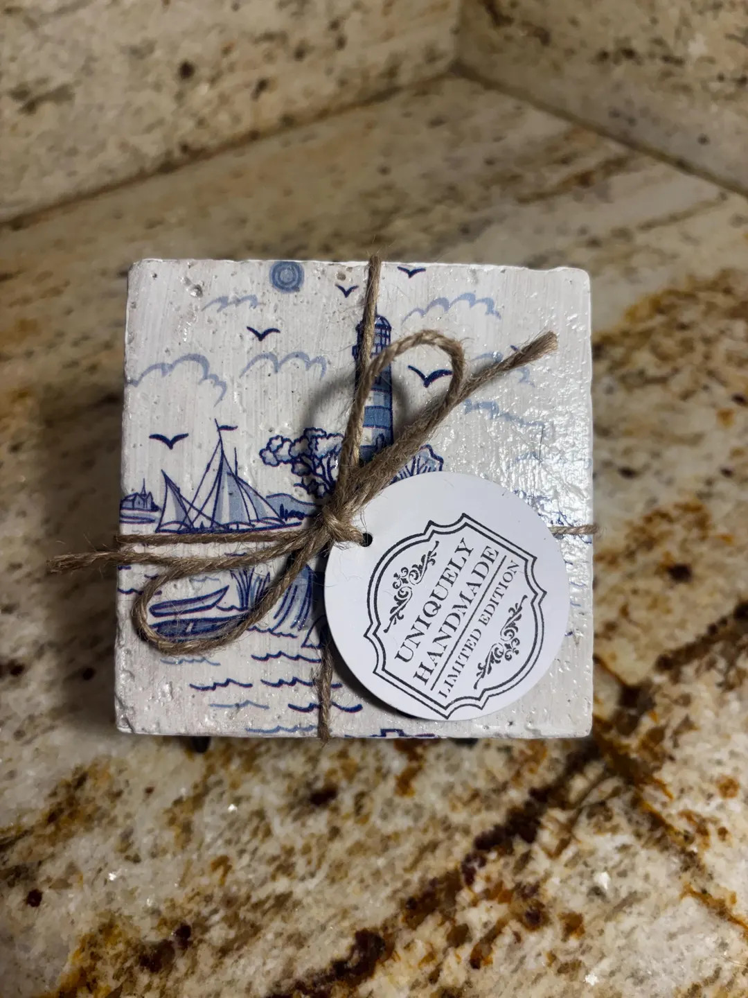 Lighthouse Stone Coaster: Blue White Sailboat Nautical Beach House Decor - Etsy | Etsy (US)