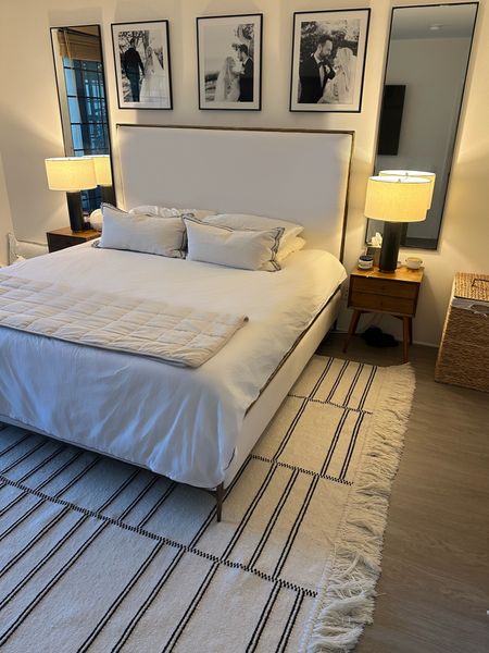 Bedroom decor
Restoration hardware Thaddeus bed. RH pillows and comforter. Modern contemporary style. Black and white bedroom.

Frames:
https://www.framedestination.com/prod/s/20x24-black-metal-frame-with-mat-p2.html

Bed:
https://rh.com/catalog/product/product.jsp?productId=prod17450634&sale=false