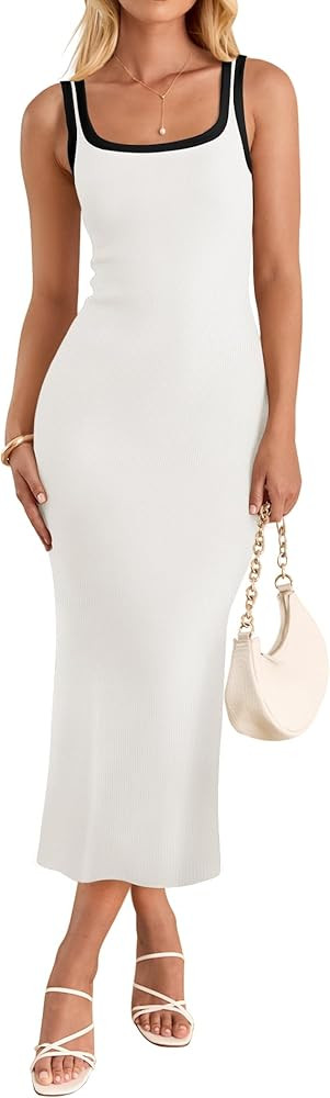 ZESICA Women's Summer Knitted Bodycon Midi Dress 2024 Casual Sleeveless Square Neck Side Slit Vac... | Amazon (US)