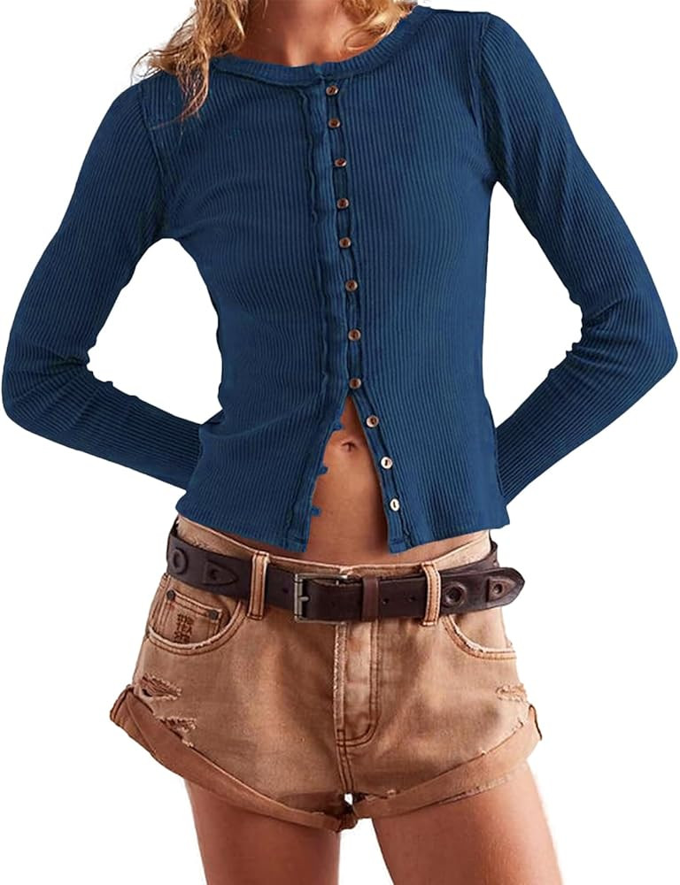 Womens Slim Fitted Cardigan Long Sleeve Y2K Ribbed Tops Button Down Shirts | Amazon (US)