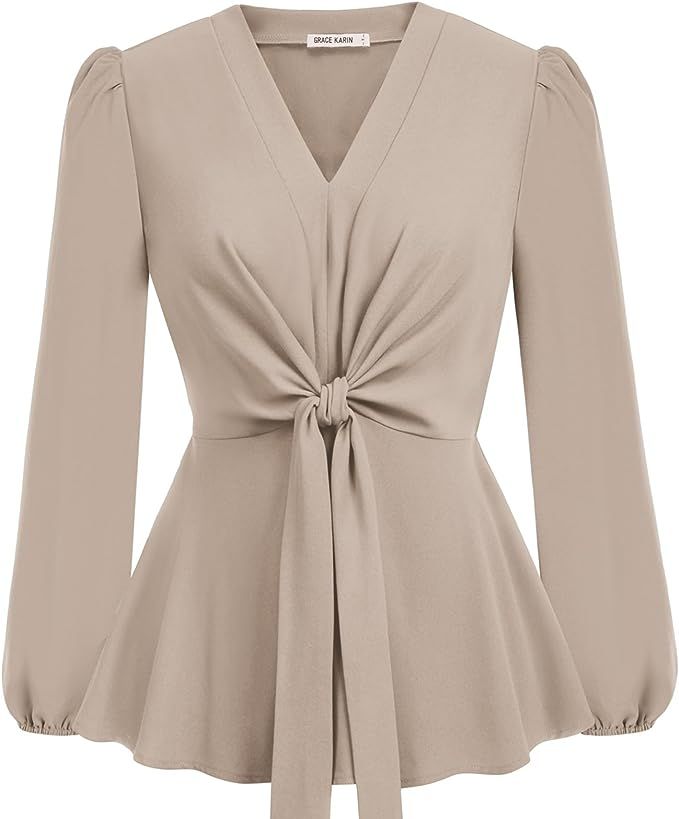 GRACE KARIN 2023 Women's Elegant Peplum Tops V Neck Tie Front Short Bell Sleeve Shirts Tops Blous... | Amazon (US)