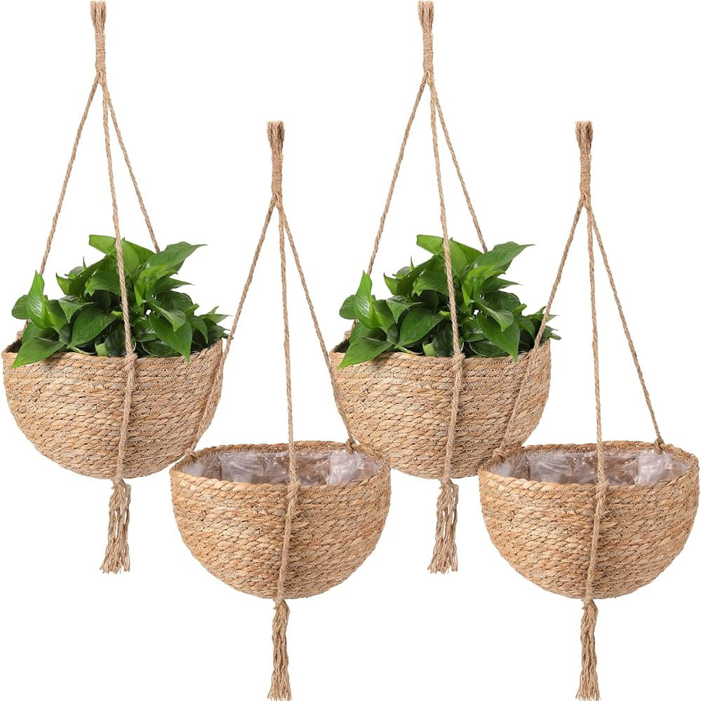 4 Pieces Hanging Planter Basket Set Jute Rope Plant Hangers Hand Woven Storage Flower Pot with Wa... | Amazon (US)