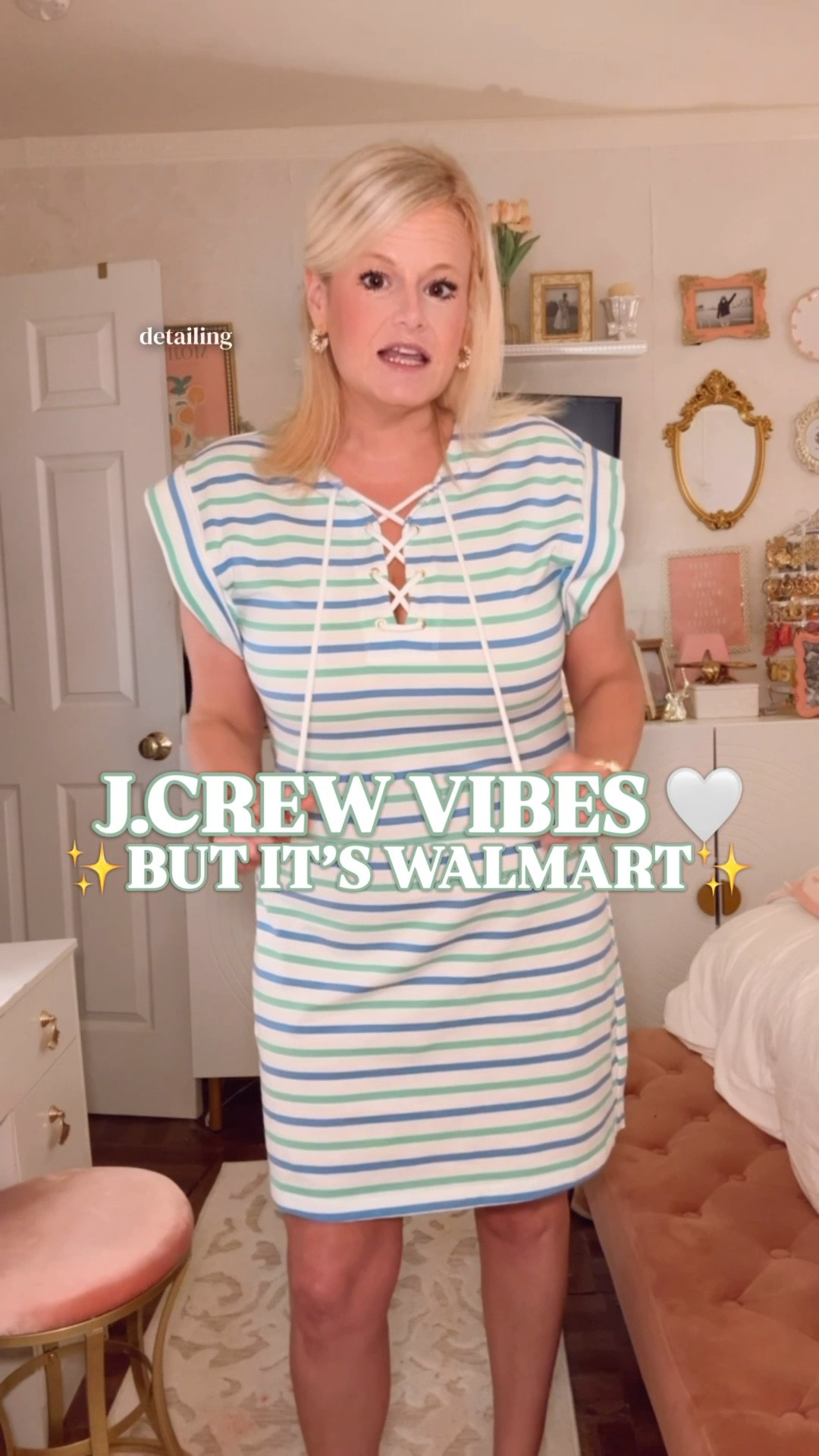 Walmart dress | striped cotton dress | J.Crew inspired dress | lace up mini dress | summer vacation dress

This Walmart striped cotton mini dress is giving J.Crew vibes at a Walmart price, and it is such an easy summer throw-on dress.

The blue and green stripes, lace-up neckline, cap sleeves, relaxed straight silhouette, pullover fit, and 100% cotton fabric make it feel casual, coastal, and polished in that effortless summer way. It is the kind of dress that works for beach trips, lake weekends, pool days, errands, casual brunch, vacation shopping, school pickup, boat days, cookouts, resort days, and everyday warm weather outfits.

I’m in a medium, and it runs true to size. It also comes in a navy stripe option.

This is such a strong Walmart dress find if you love J.Crew style, striped summer dresses, cotton mini dresses, preppy summer outfits, coastal style, beach vacation outfits, and easy dresses you can style with sandals, white sneakers, raffia slides, gold jewelry, a straw tote, a denim jacket, or a sweater over your shoulders.

The 100% cotton fabric makes it breathable for summer, the stripes make it feel classic, and the lace-up front gives it that cute coastal detail that makes it feel more elevated than a basic T-shirt dress.

Walmart dress, Walmart dresses, Walmart fashion finds, Walmart summer dress, Walmart vacation dress, striped dress, striped mini dress, blue striped dress, green striped dress, navy stripe dress, cotton mini dress, 100 cotton dress, cotton summer dress, lace up dress, lace up mini dress, J.Crew inspired dress, J.Crew look for less, preppy summer dress, coastal dress, beach dress, vacation dress women, beach vacation outfit, lake outfit, summer outfit ideas, casual summer dress

#LTKFindsUnder50 #JCrew #PreppyStyle #LookForLess #SummerDresses #SummerOutfit

#LTKSeasonal #LTKWorkwear #LTKPetite