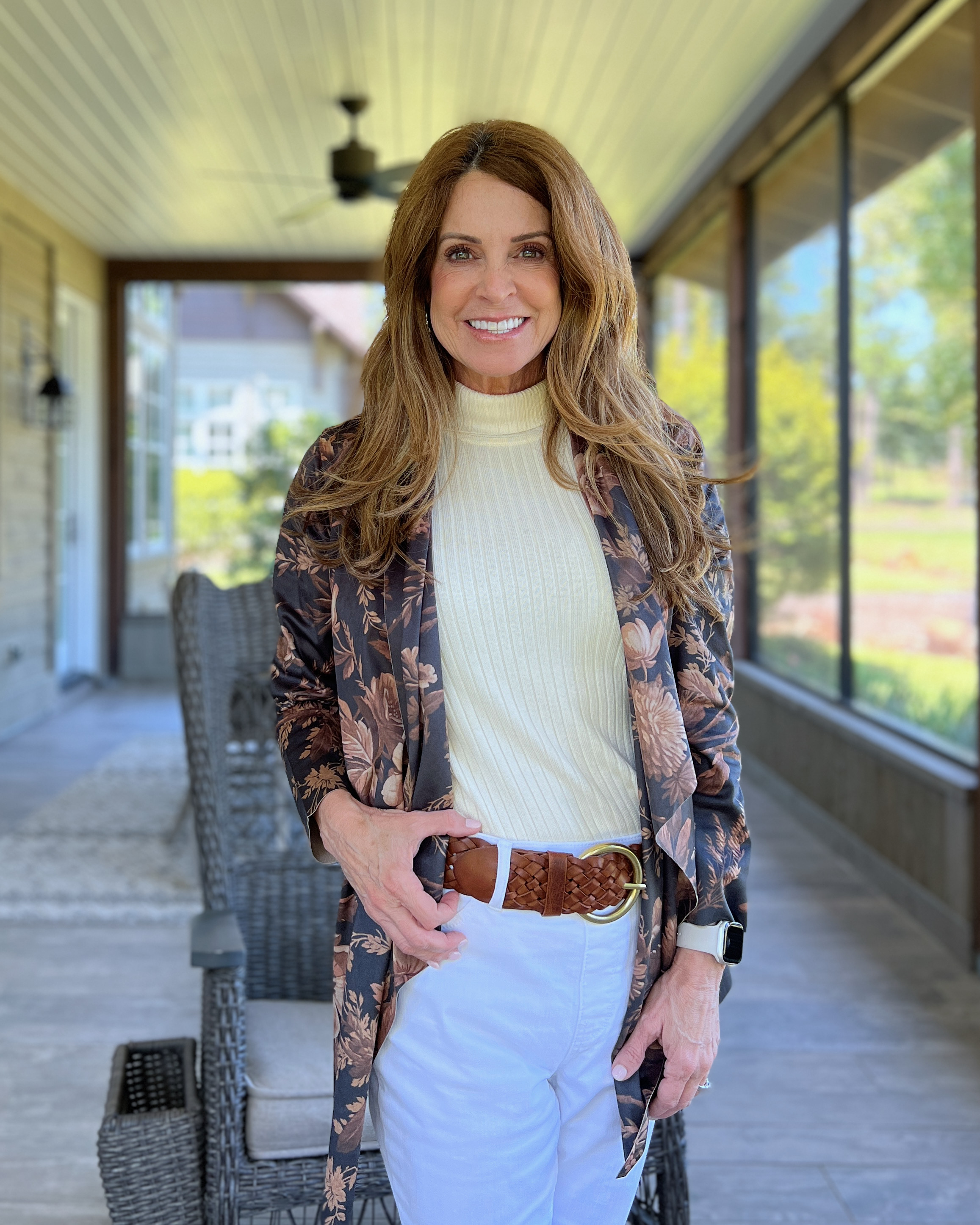 I’m transitioning my outfits right into Fall by layering with lightweight  pieces, like this fabulous suede jacket. It’s so soft and comfortable. I layered over a sleeveless turtleneck so that I don’t have extra bulkiness in the arms. Paired with the pull on boot leg jeans and the Freya braided leather belt.

How gorgeous are these new neutral color leather booties?! They’re so unique with the beautiful triangular shaped heel. They’re very comfortable to walk in. I wear a size 37, which is equivalent to US 6 - 6.5. 

I wear petite xs in all styles. 5’2” and 110.