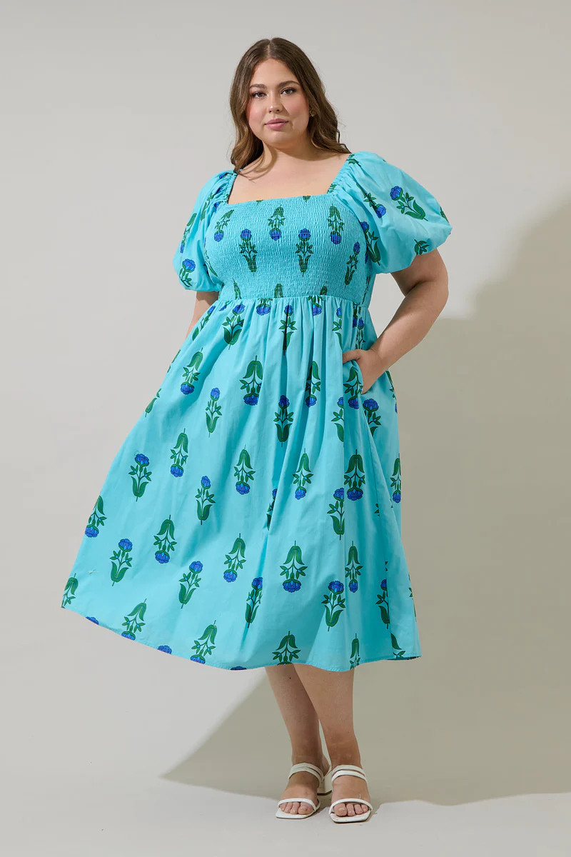 Amena Floral Maray Smocked Midi Dress Curve | Sugarlips