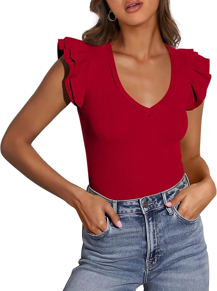 PRETTYGARDEN Womens V Neck Summer Tops Ruffle Sleeveless Slim Fit T Shirts Going Out Casual Blous... | Amazon (US)