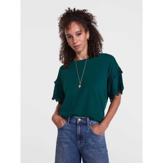 Scenario Women's Lace Trim Tee with Short Sleeves, Size XS-XXXL | Walmart (US)