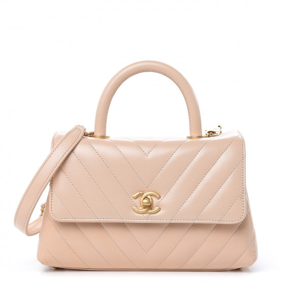 CHANEL Calfskin Chevron Quilted Mini Coco Handle Flap Beige | Fashionphile