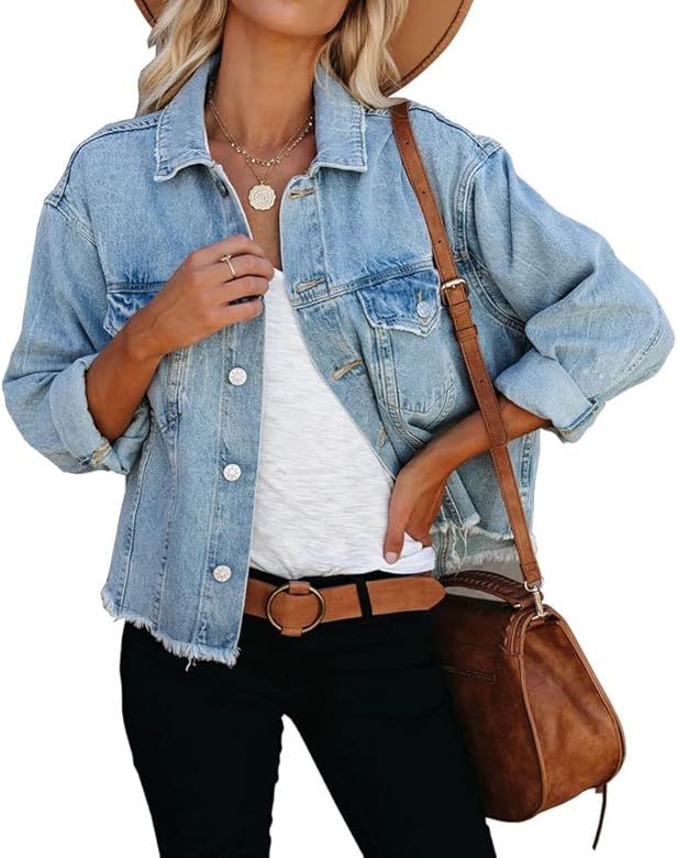 Women's Jean Denim Jacket Classic Trucker Shacket Button Up Frayed Cropped Loose Coats | Amazon (US)