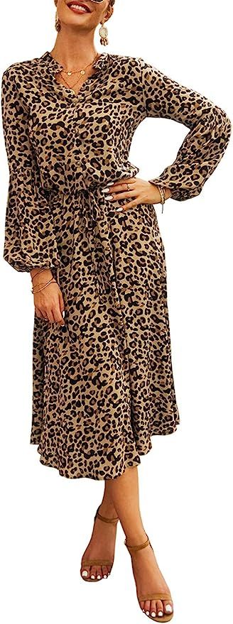 KIRUNDO 2020 Women’s Midi Leopard Dress Stylish Long Sleeves High Waist Dress Button Front Draw... | Amazon (US)