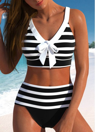 ROTITA Bowknot Black Striped High Waisted Bikini Set | Rotita.com - USD $27.98 | rotita.com