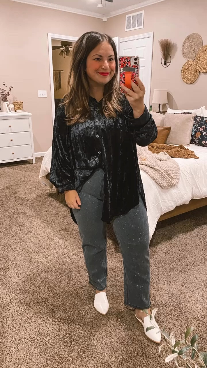 No one will believe this velvet button down is from Walmart! Such a fun way to dress up an outfit for the holiday season!

mules: fit true to size // wearing a 5
jeans: fit true to size // wearing a 14
top: fits oversized // wearing a large (thought it was a dress at first) 

 #LTKFindsUnder50 #LTKFindsUnder100