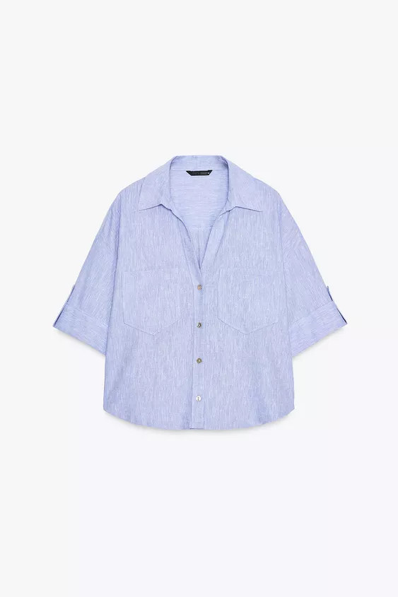 CROPPED LINEN BLEND SHIRTLight blue+5 | Zara US