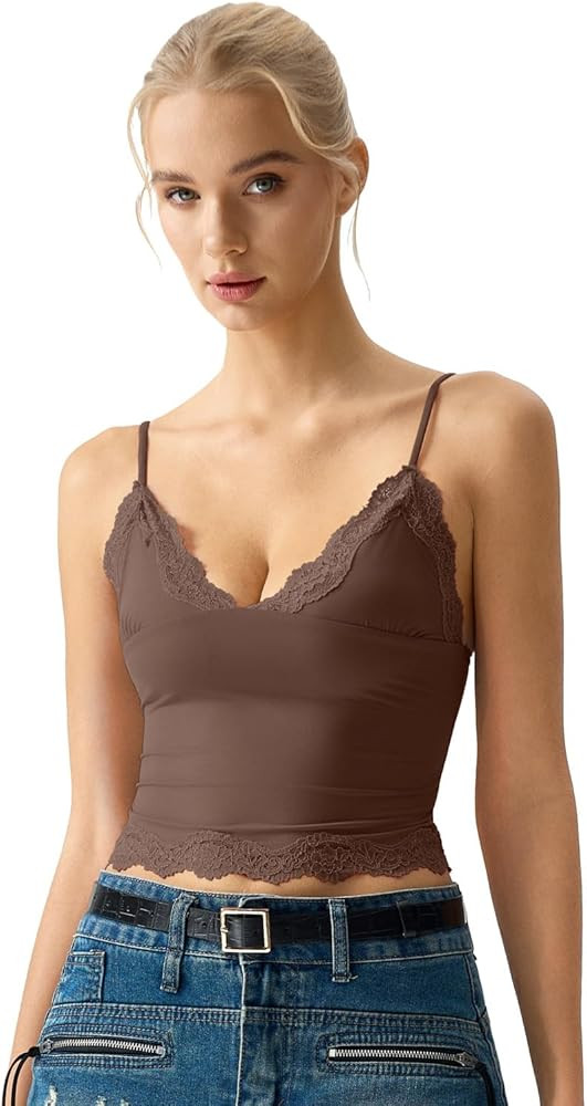 QINSEN V Neck Lace Trim Cami for Womens Spaghetti Straps Slimming Fit Sleeveless Tank Camisole Cr... | Amazon (US)