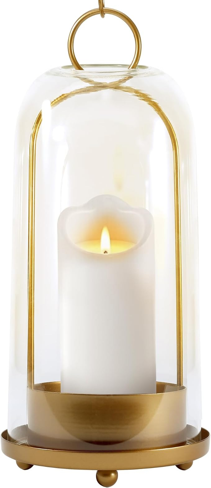Hurricane Glass Candle Holder, Large Brass Lanterns Hurricane Candlestick Holder for Pillar Candl... | Amazon (US)